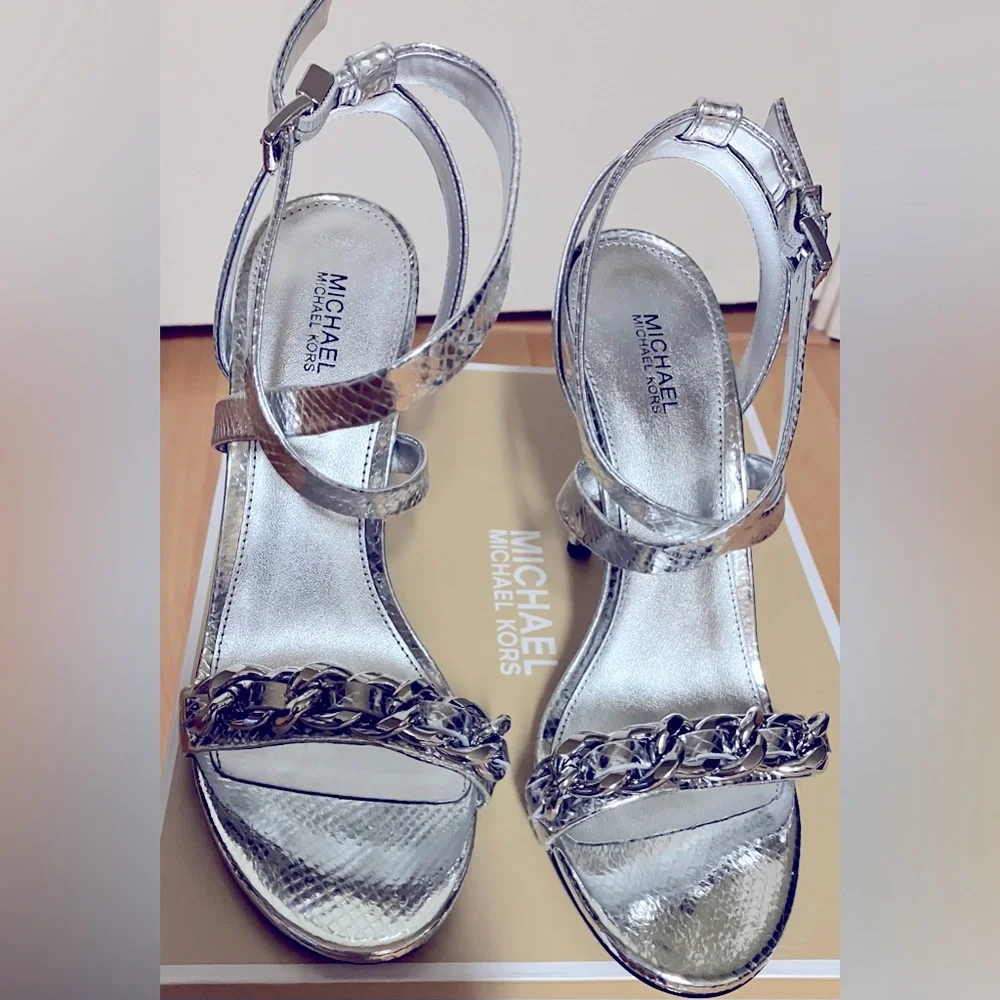 Michael Kors Silver High Heel Leather Sandal - Chain Front/Strappy/Size 7